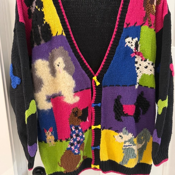 Vintage Belle Pointe Women's XL Dog Puppy Patchwork Knit Cardigan Sweater - Picture 2 of 6